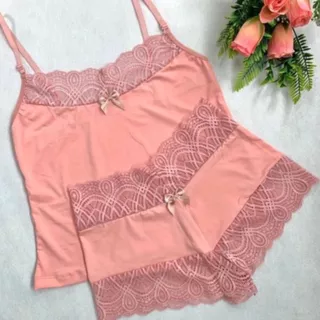 Baby Doll Feminino Lingerie Conjunto Short Renda Camisete Pijama Dormir Alça Regulaveis Adulto