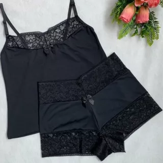 Baby Doll Lingerie Pijama Dormir Conjunto Feminino Short Renda Camisete Alça Reguláveis Adulto