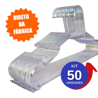 Kit 50 cabide CRISTAL transparente para roupas acrílico adulto atacado reforçado barato 50 unidades
