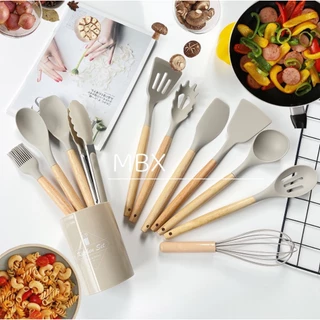 Jogo de Cozinha Kit com 12 Peças de Silicone, Utensílios e Copo Suporte para Cozinha Cabo de Madeira