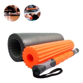 ROLO MASSAGEADOR 3 IN 1 CINZA COM LARANJA PARA LIBERAÇÃO MIOFASCIAL YOGA PILATES