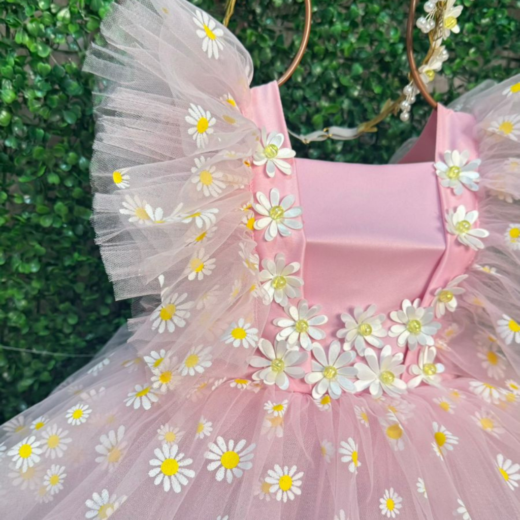 Belo Vestido jardim das margaridas luxo menina criança princesa