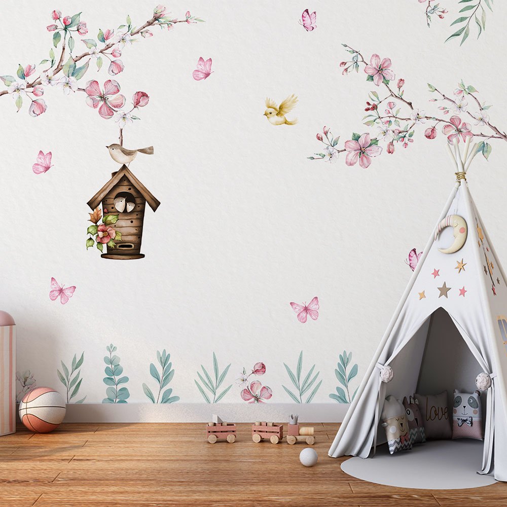 papel de parede jardim encantado infantil aquarela com passarinhos