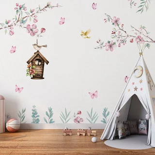 papel de parede jardim encantado infantil aquarela com passarinhos