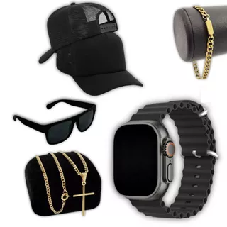 Kit masculino relógio digital Premium + Boné liso + Óculos premium +Corrente Cruz e pulseira banhada