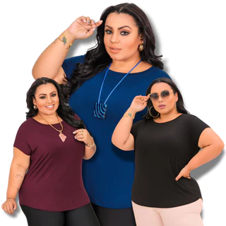 Kit 3 Blusas blusinhas Plus Size Feminina Cores Lisas basica Viscolycra G1 ao G5 Não Pega Bolinha, Cores Vão Sortidas