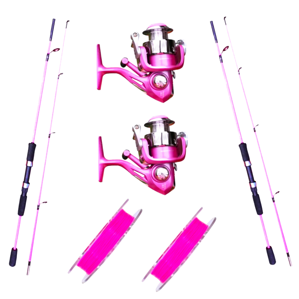 2 Kits Pesca Completo Barato Rosa Feminino Vara 1,40m Molinete Linha Monofilamento Pink Pescaria Mulher Caniço Pesqueiro Promoção
