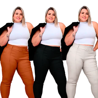Calça Feminina Bengaline Risca Frente Plus Size Com Cinto