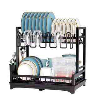 Escorredor de Louças 2 Andares Preto Rack Organizador para Cozinha
