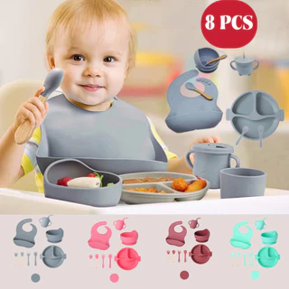 Talheres do Bebê Conjunto 8Pcs Prato De Jantar De Silicone Para Bebês Com Tigela De ventosa Sippy Cup Bibs Colher