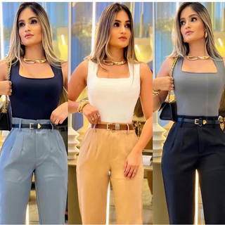 Body Feminino Regata Cecy Decotado Quadrado em Suplex Premium Forrado Elegante Básico Casual Moda 2024.
