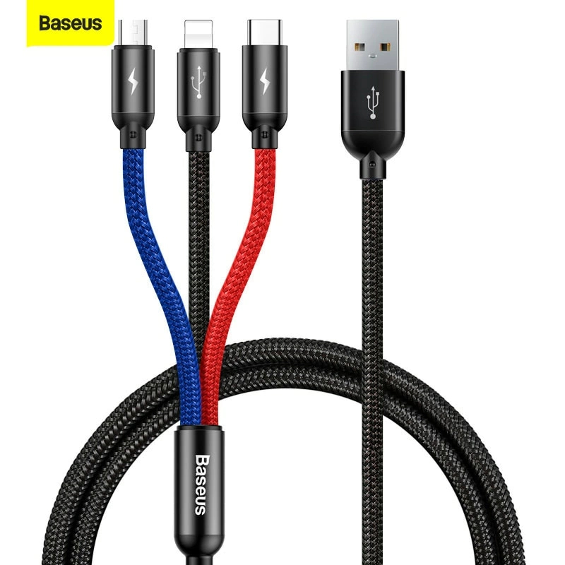 Cabo 3x1 30cm BASEUS ultra portatil com 3 plugs mais populares para todos celulares
