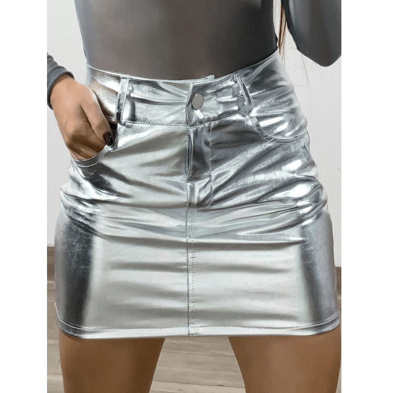 Saia Prata Metalizada Brilho Prateada Em Vinil Com Bolsos | Shopee Brasil