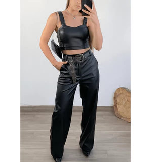 Calça Pantalona De Couro Sintético Preta Country