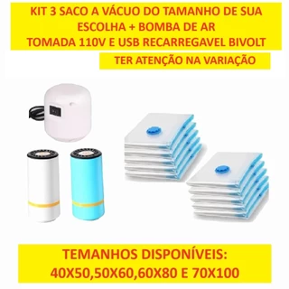 KIT 3 Saco A Vácuo E Bomba 110V De Ar Elétrica Ou USB 70x100 60x80  Para Armazenar E Guarda De Maneira em Oferta na Shopee