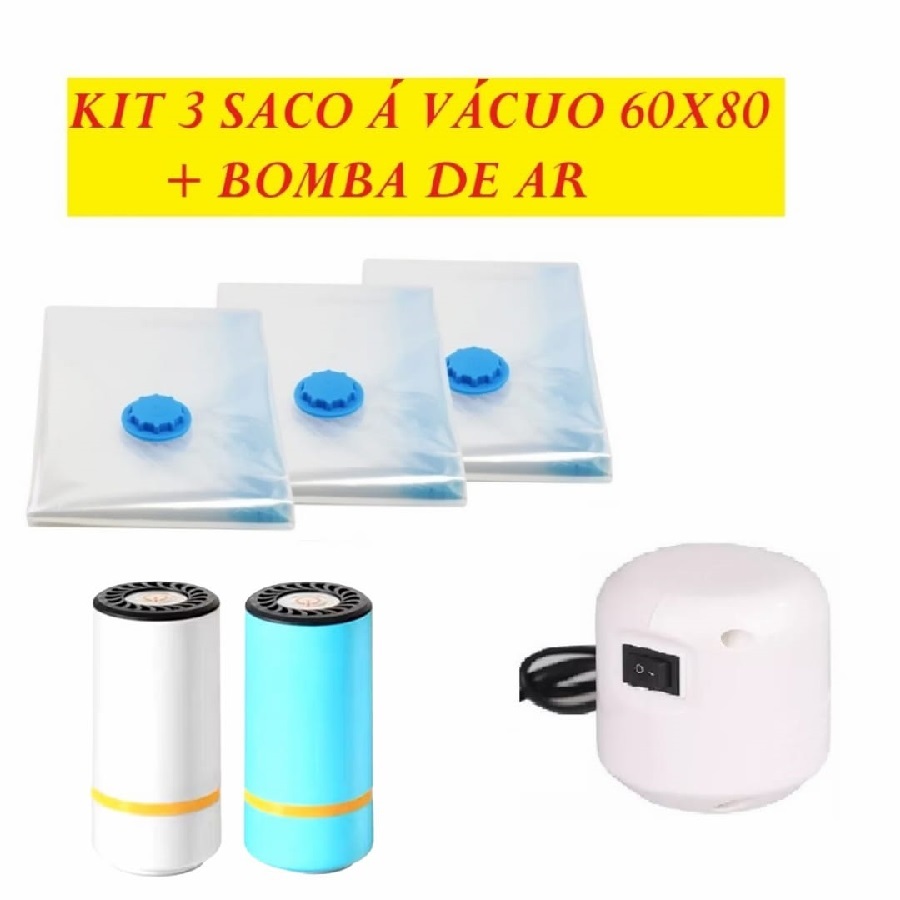 KIT 3 Saco A Vácuo E Bomba 110V De Ar Elétrica Ou USB 70x100 60x80 ...