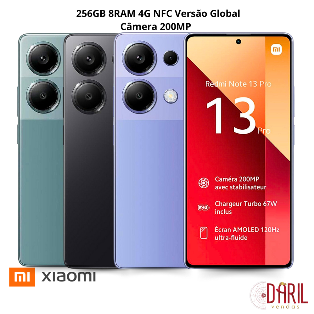 Celular Smartphone Redmi Note 13 Pro 256GB 8RAM 4G NFC Versão Global Câmaras Traseiras 200MP