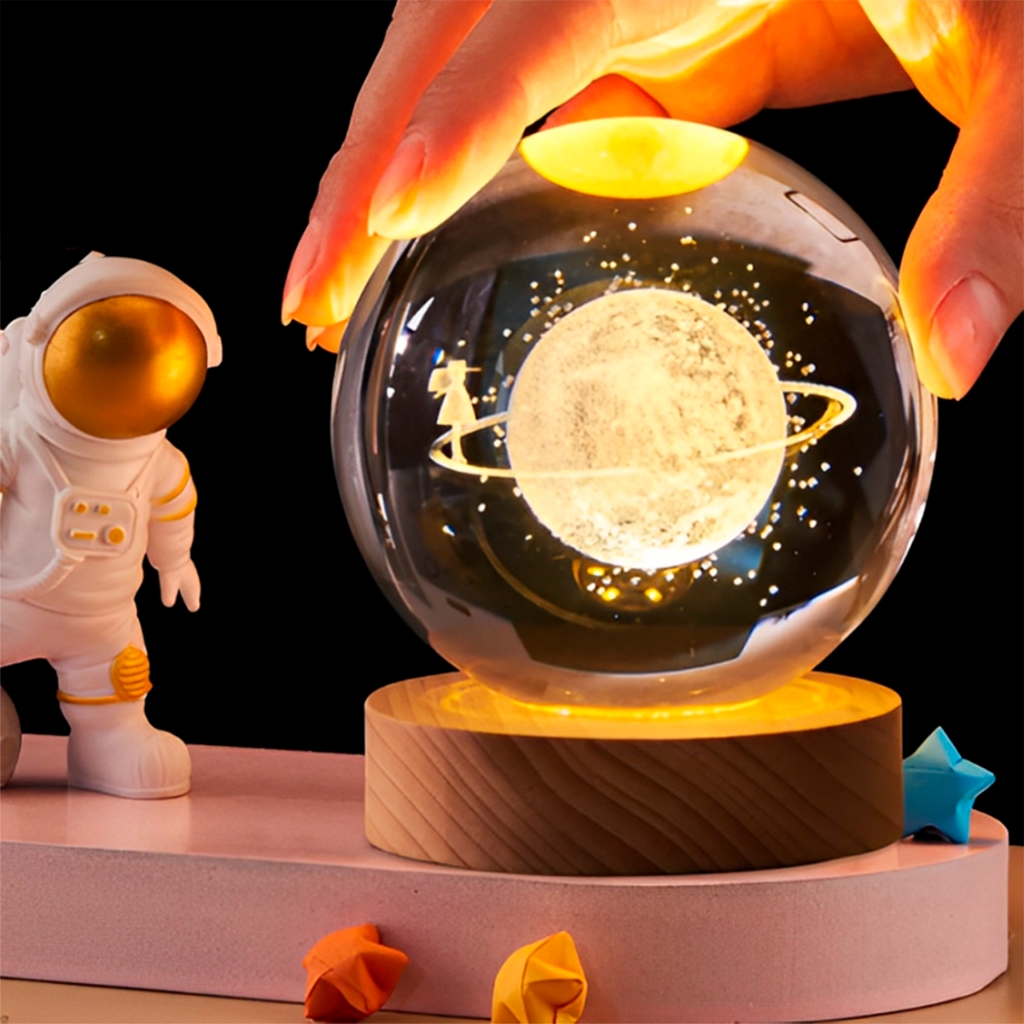 Luminária Led Globo De Vidro Lua 3D USB com Base de Madeira 10cm