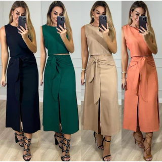Conjunto colete feminino + saia midi, diferentes métodos de amarração, saia midi com fenda dupla -adequado para o verão.