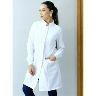 Jaleco Feminino Oxford Branco, Botão Embutido, Gola Padre, Elástico Punho, Acinturado, Manga Longa