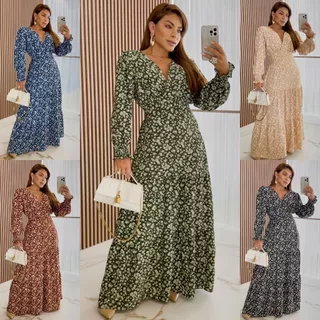 Vestido Longo Manga Comprida 3 Marias Estampa Florido Tecido Duna
