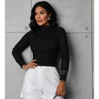 Blusa de Frio Feminina Cacharrel Manga Longa Gola Alta Canelada Outono Inverno