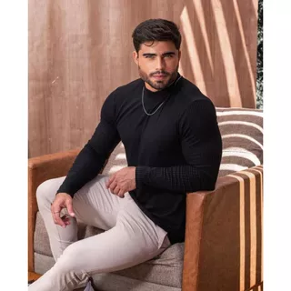 Blusa de Frio Masculina Manga Longa Gola Alta Malha Ribana Canelada Frio Inverno