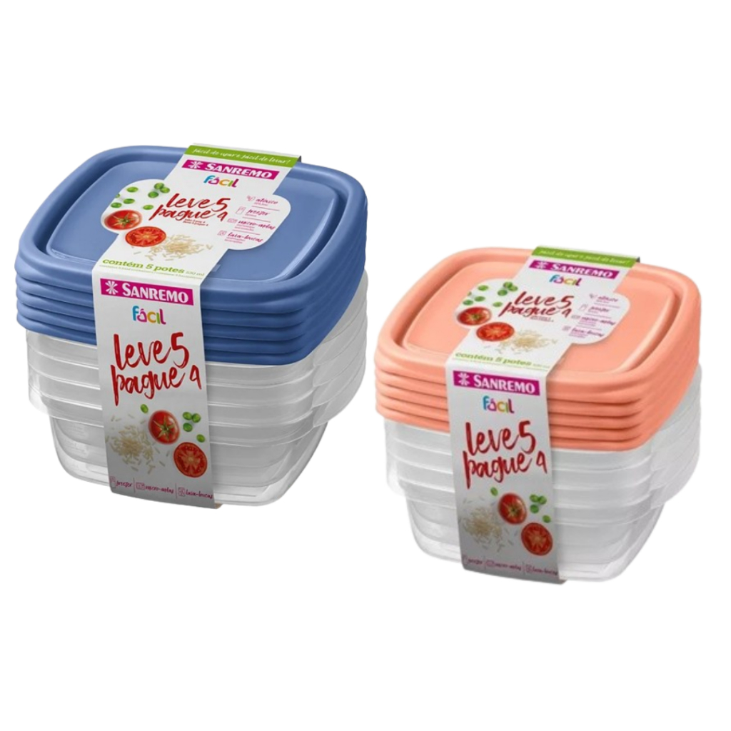 kit 5 Pote Plástico Quadrado 530ml (leve 5 E Pague 4) - Sanremo