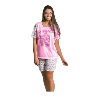 Pijama Bermuda Feminino Poliéster Viscose Estampada Blusa Floral em Malha