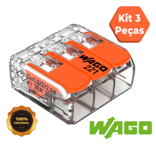 Kit 3 Peças Conector Wago Original 221-613 Emenda 3 polos 6mm 41A Conexão Automática
