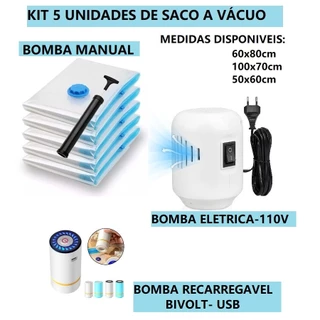 OFERTA KIT 5 Saco Organizador A Vácuo Para Viagem Com Bomba De Ar Ou Eletrica USB Varias Medidas