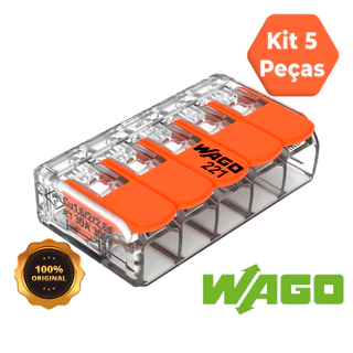 Kit 5 Peças Conector Wago Original 221-615 Emenda 5 polos 6mm 41A Conexão Automática