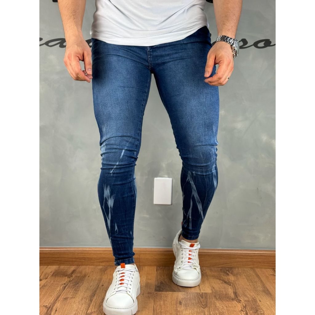 Calça Masculina Jeans Super Skinny Lavagem Manchada Shopee Brasil