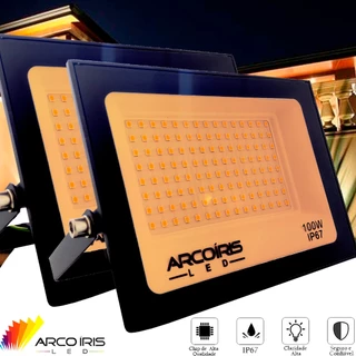 Kit 2 Refletor Holofote Led 100w SMD Bivolt IP67 Prova D'água Branco Quente
