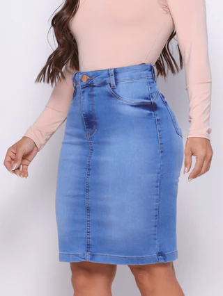 Saia Midi Jeans Evangélica com Cós Alto e Elastano | Moda Feminina Confortável com Lycra