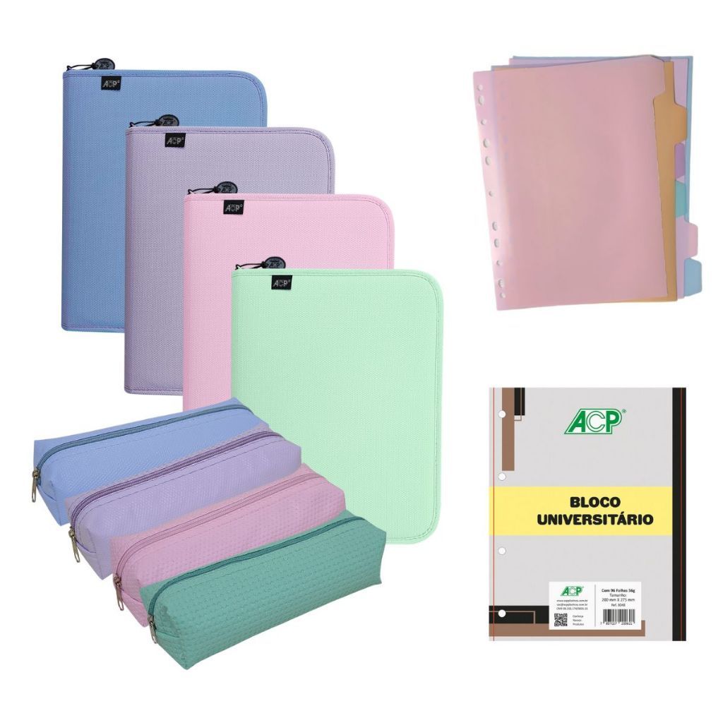 Fichário Argolado Cores Pastéis Universitário ACP Sweet + Estojo + Bloco + Divisórias