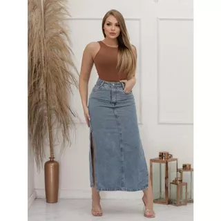 Saia Jeans midi cintura alta