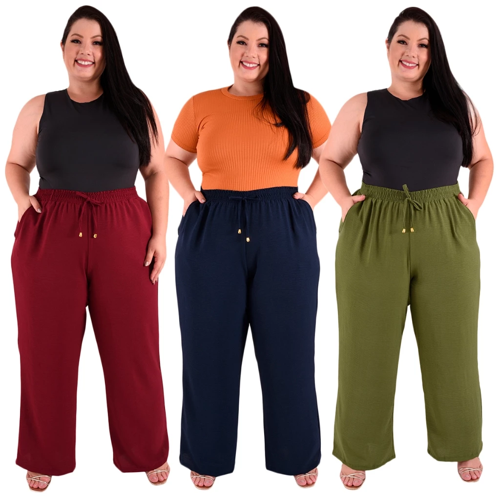 Kit 3 Calça Pantalona Plus Size Feminina Cintura Alta Dunas Bolsos