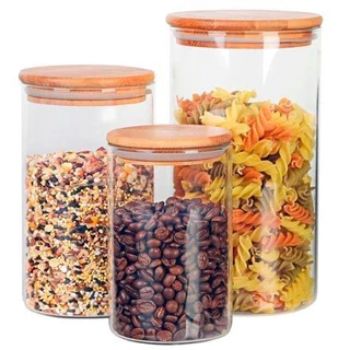 Kit 3 Potes Porta Mantimentos Hermético em Vidro Borossilicato com Tampa de Bambu com Vedação 1,5 Litros/ 1 Litro/ 600 Ml