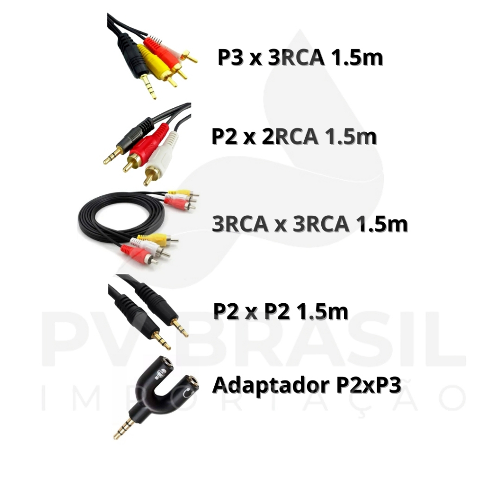 Cabo AV Áudio Vídeo P2 P3 3.5mm 3RCA 2RCA Para TV DVD Plugs Macho com 1.5m  P2xRCA P3xRCA P2xP2 | Shopee Brasil