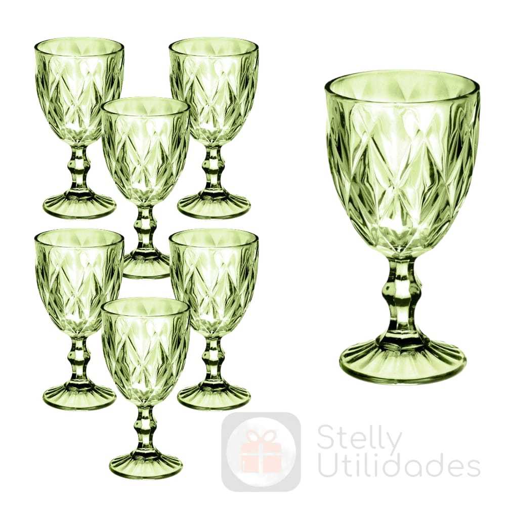 Jogo 6 Taça Diamante Copo Vidro Verde 340ml