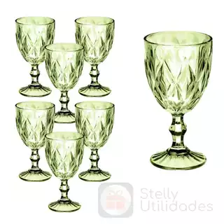 Jogo 6 Taça Diamante Copo Vidro Verde 340ml
