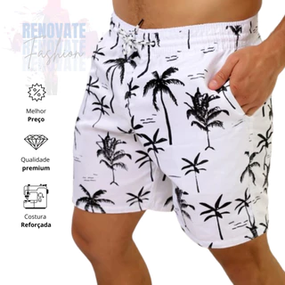 Bermuda Masculina Floral Short Masculino Tactel Moda Praia Estampado Tecido Grosso 3 Bolsos Surf