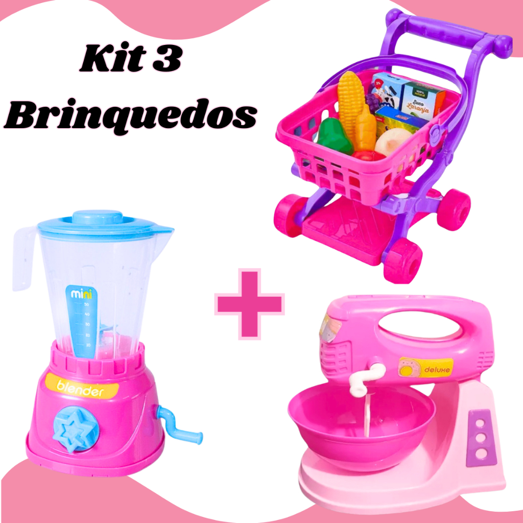 Kit Mini Batedeira + Mini Liquidificador + Carrinho Super Mercado Menina Faz de Conta Cozinha