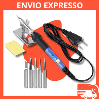 Kit Ferro de Solda 60 Watts Regulagem Temperatura Ajustável 6 Pontas Suporte Esponja Profissional