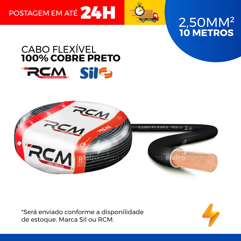 Cabo Flexivel 2.50 Mm² 10 Metros 100% Cobre Preto - Sil Ou Rcm