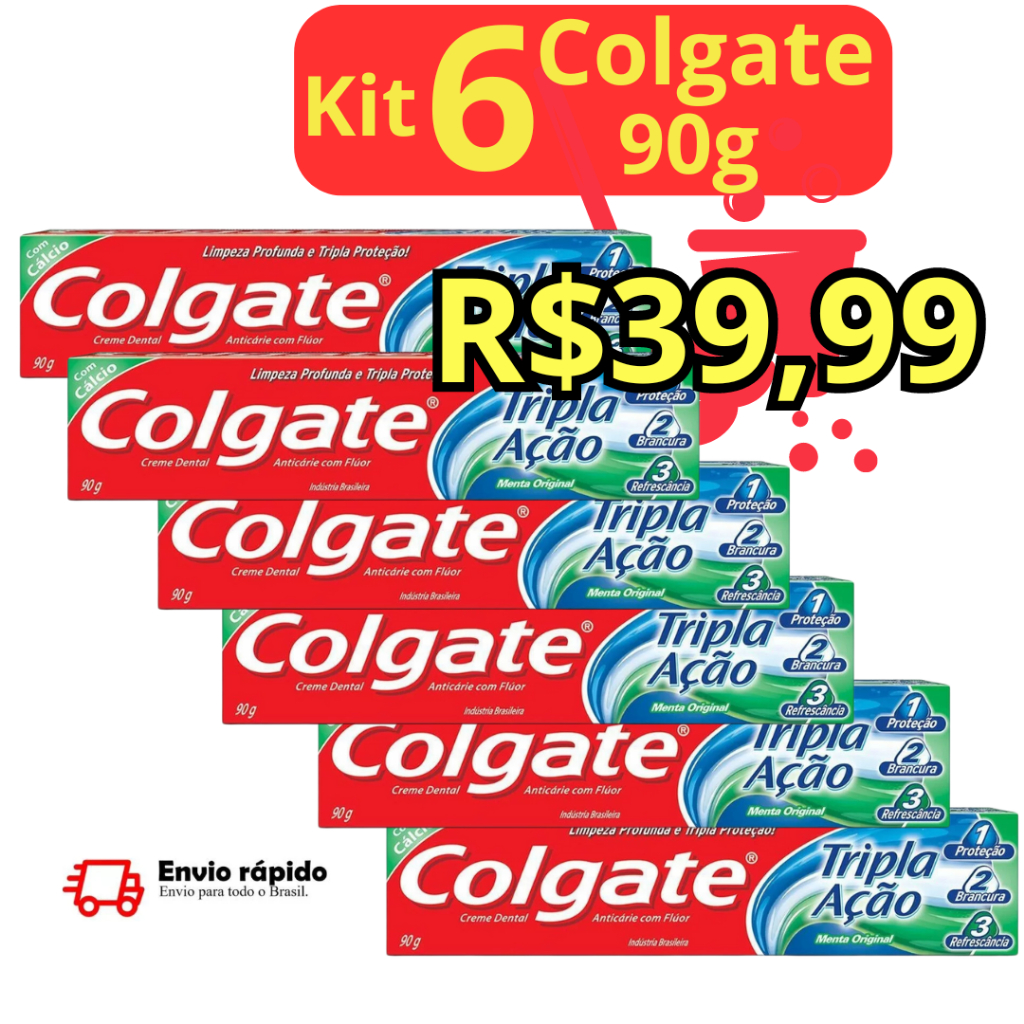 Kit com 6 Creme Dental Colgate Tripla ação 90g | Shopee Brasil