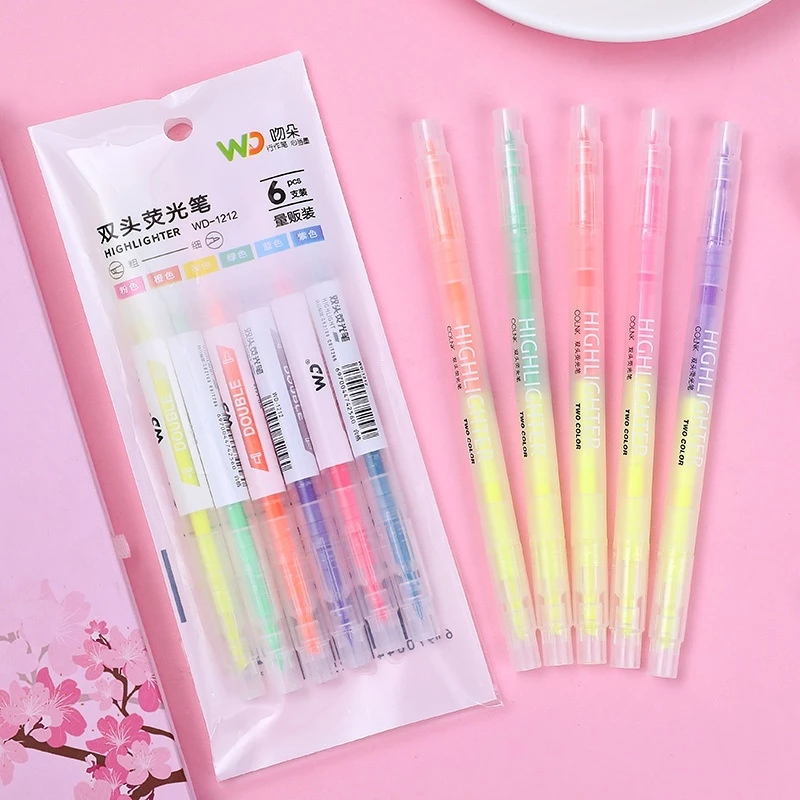 KIT Canetinhas Marcadoras, Marca textos Neon Coloridas, Pontas Duplas finas, 6/ 12 cores para estudantes