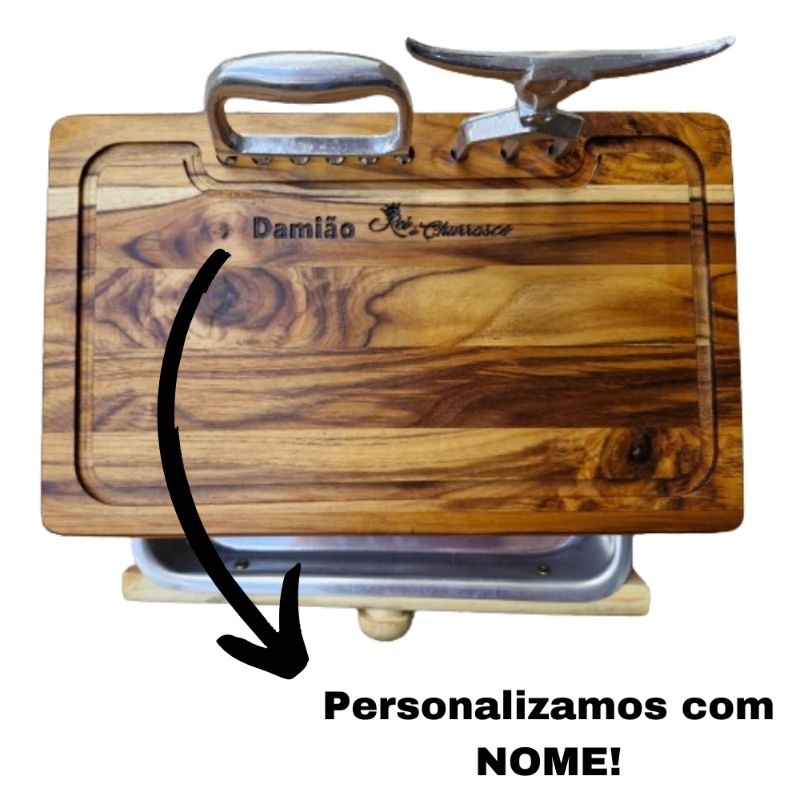 Tábua de corte para churrasco acompanha garra e tridente para carne modelo PERSONALIZADA COM NOME