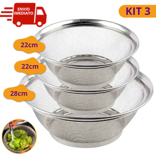 Kit 3 Cestas em Inox Escorredor Multiuso 1 Unidade de 28cm + 2 Unidades de 22cm Para Cozinha Escorredor de Macarrão Legumes Arroz Fruteira Porta Ovos Para Cozinhar Legumes no Vapor